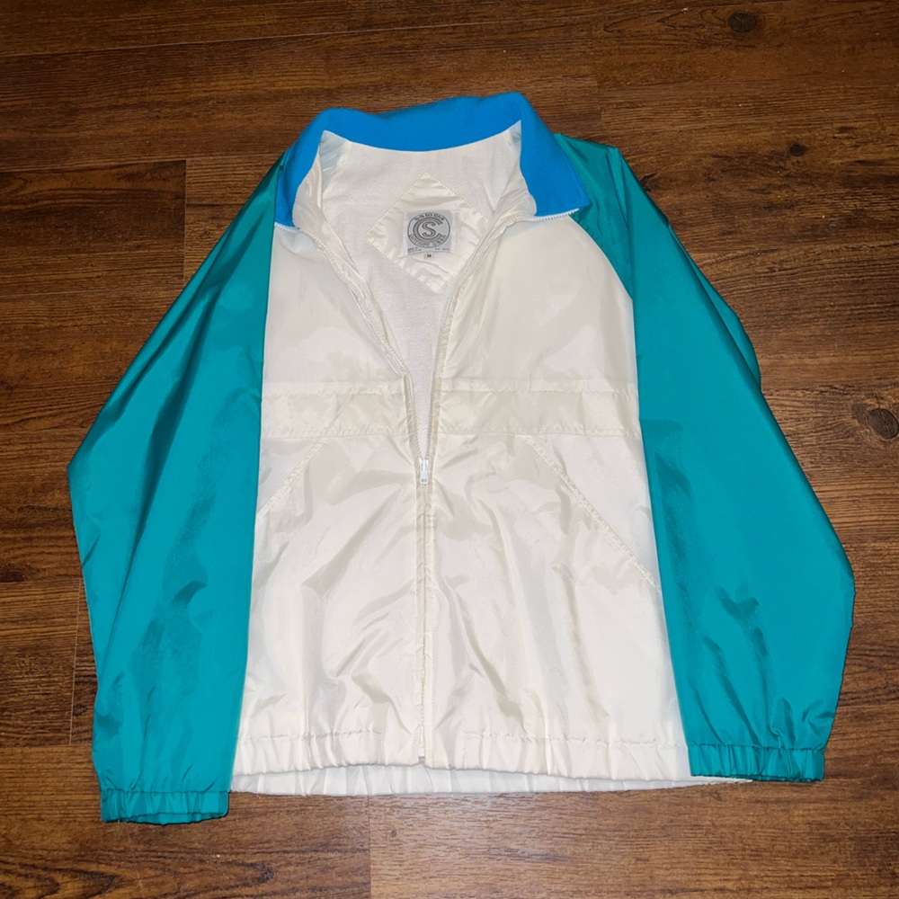 Vintage 90s White Retro Colorblock Blue Windbreaker Bomber Zip Up Jacket Size M - Picture 1 of 14